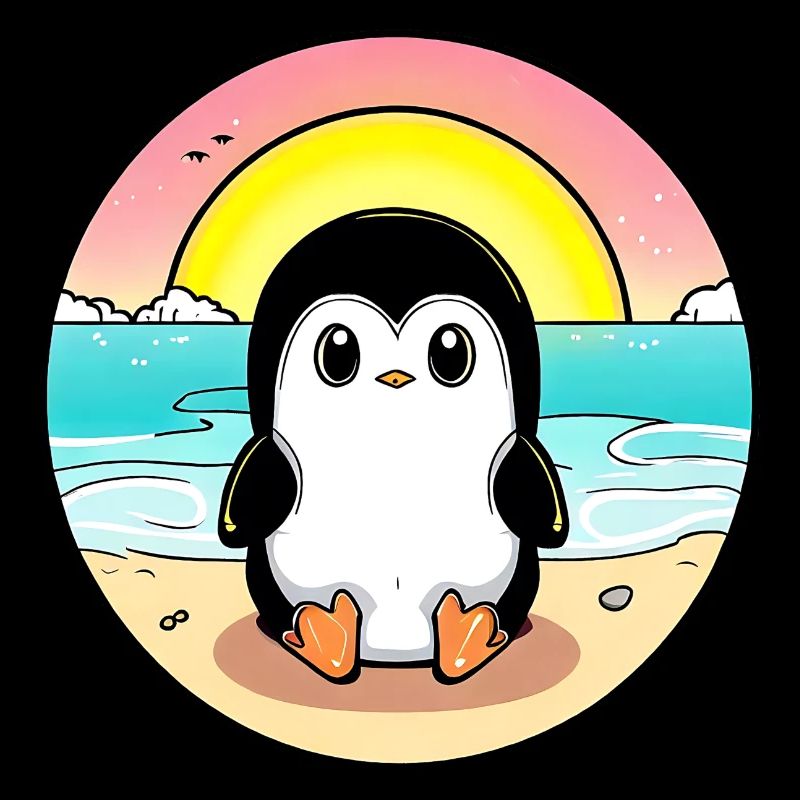 Pingouin de plage au coucher du soleil