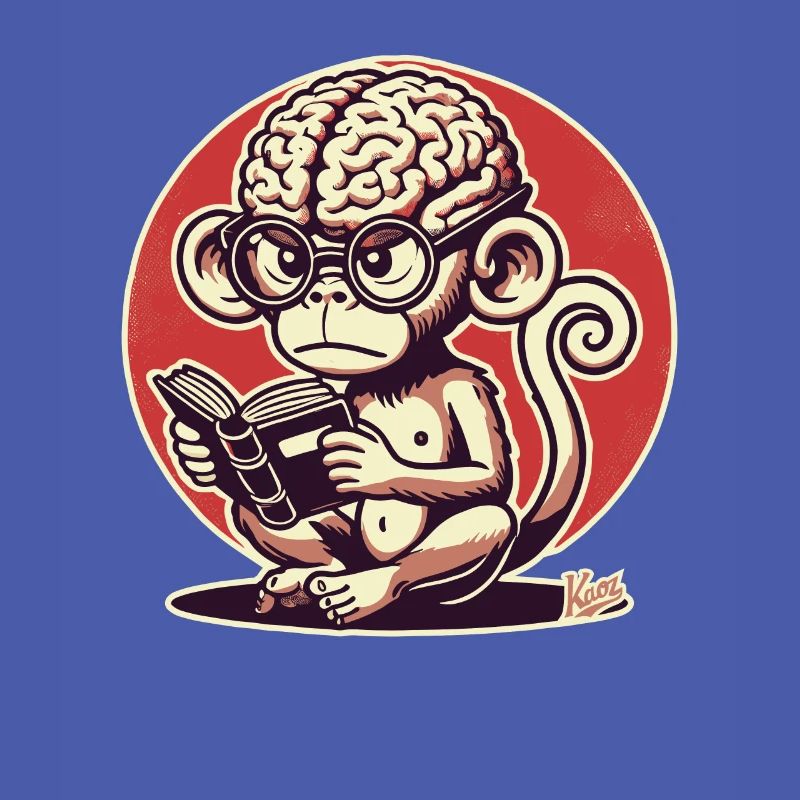 Nerd monkey with big Geirn reading a book