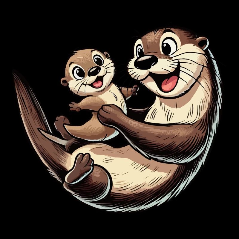 Fischotter-Mutter mit herumtollendem Kind