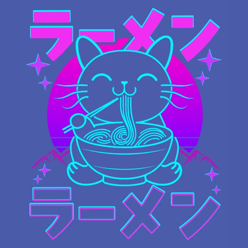 Rétro Kawaii Chat Mangeant Ramen