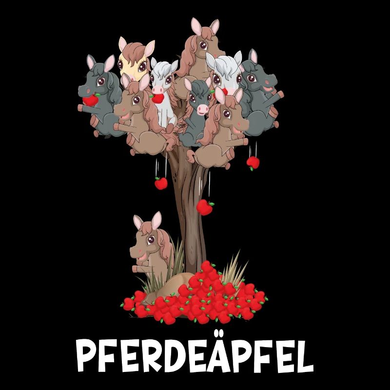 Pferdeäpfel mit Ponys am Baum, Pferde
