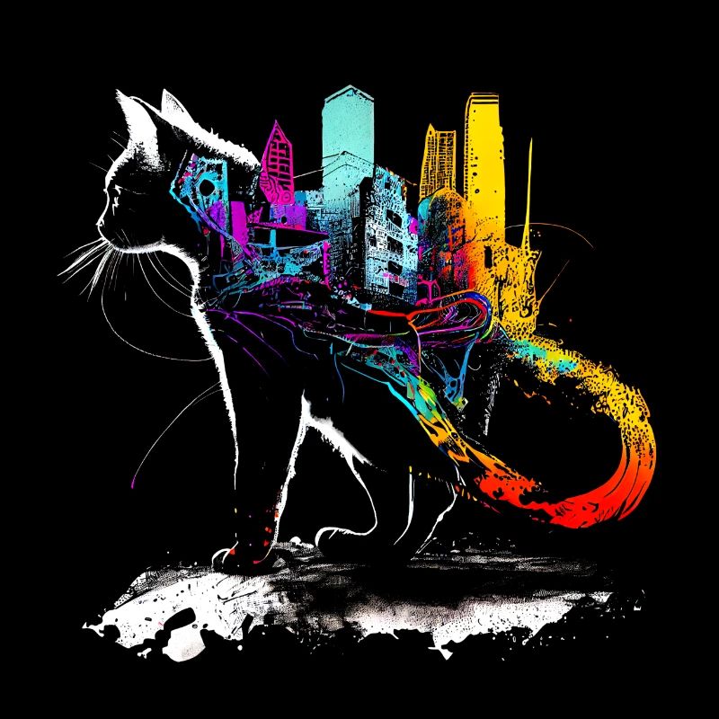 Chat avec une ville colorée sur le dos