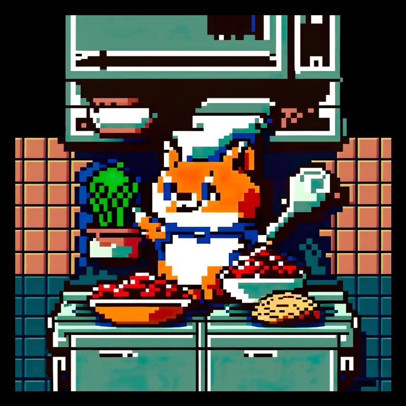 cooking cat in 8 bit as a chef in the kitchen