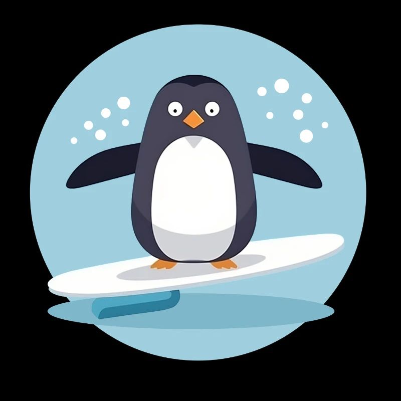 Pingouin de surf mignon sur une planche de surf