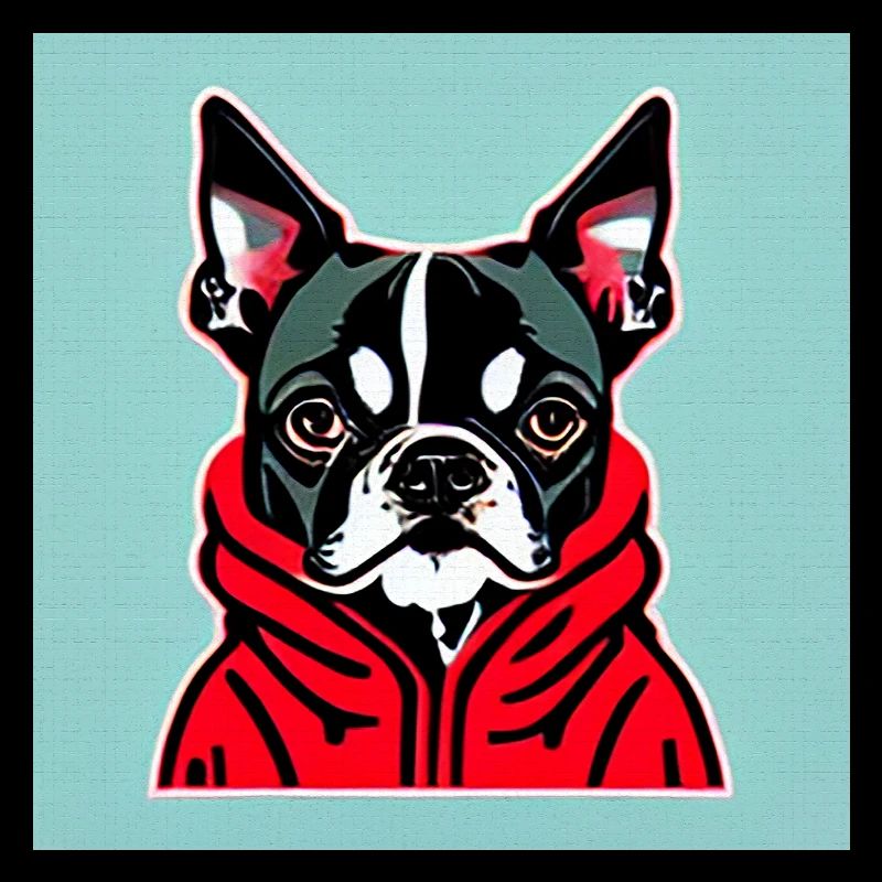 Boston Terrier im roten Kapuzenpullover