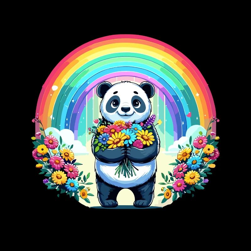 Panda mignon devant un arc-en-ciel avec des fleurs