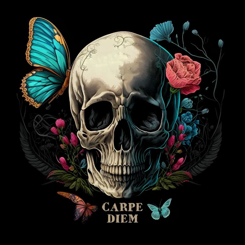 carpe diem - crâne, papillon, fleurs