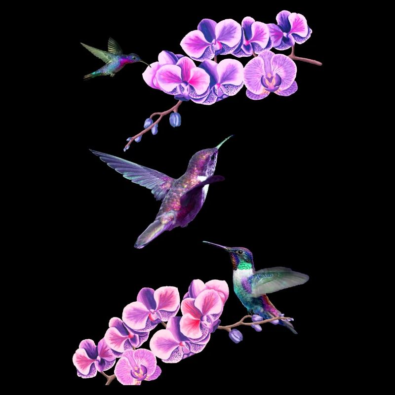 Hummingbirds flying between orchids