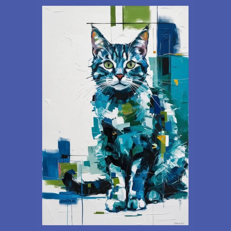 Chat abstrait en bleu vert / Numérique / Affiche #2