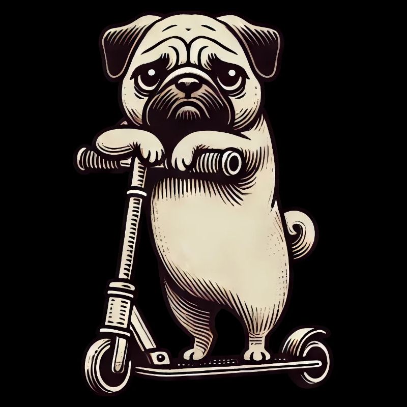 Funny Pug on Scooter Comic Cartoon