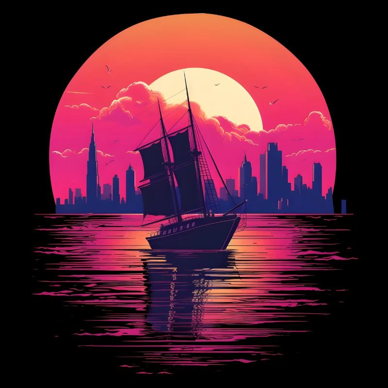 Synthwave sailing ship