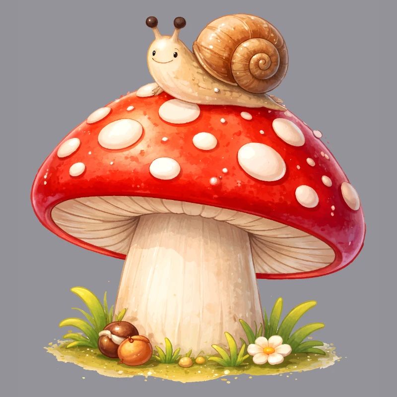 Toadstool with Snail Cute Forest Motif