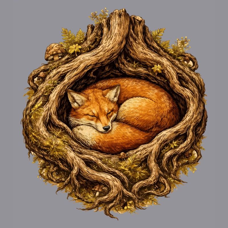 Sleeping fox in the root structure – forest motif