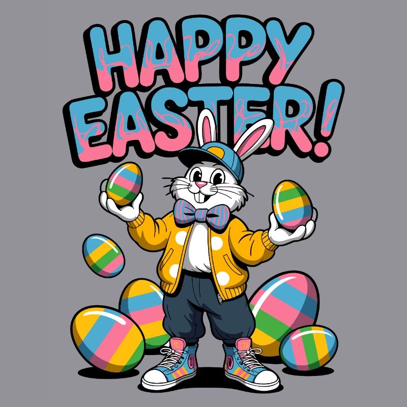 Happy Easter bunny with colorful eggs