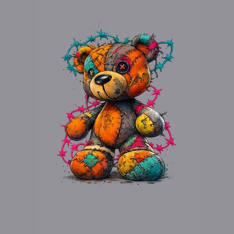 Patchwork Teddybär mit Neonfäden