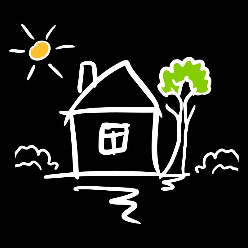 House with tree and sun. Drawing. Hand Drawn
