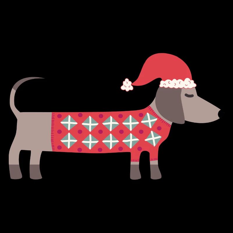 Chien teckel de Noël avec un chapeau de Père Noël et un pull