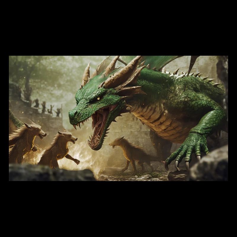 A realistic majestical green dragon is attacked