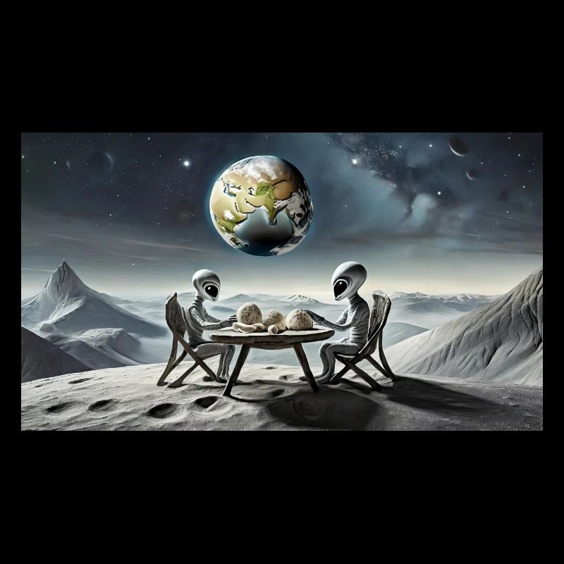 grey alien on the moon surface – eating dinner