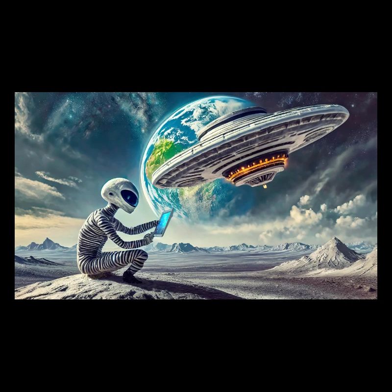 extraterrestre gris sur la surface de la lune - pilotant un OVNI.
