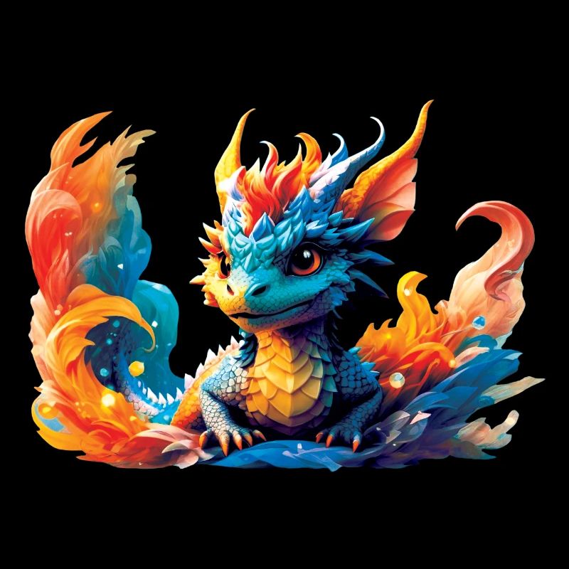 dragon, feu, enfant, bleu, cornes, garçon, ami