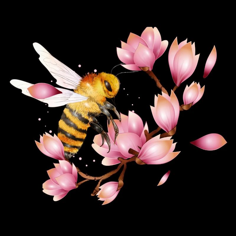 flying bee with magnolias hand drawn