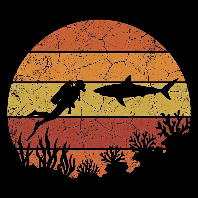Plongeur et requin avec un coucher de soleil rétro