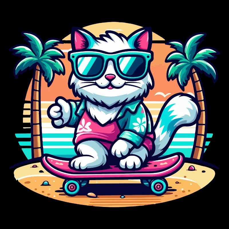 Chat sur une planche à roulettes sur la plage