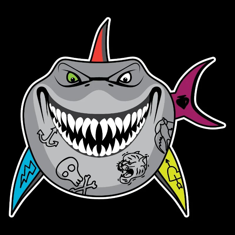 Dessin animé de requin tatoué avec des nageoires de crâne