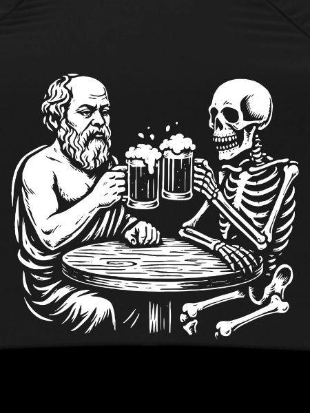 Socrates drinking beer with skeleton