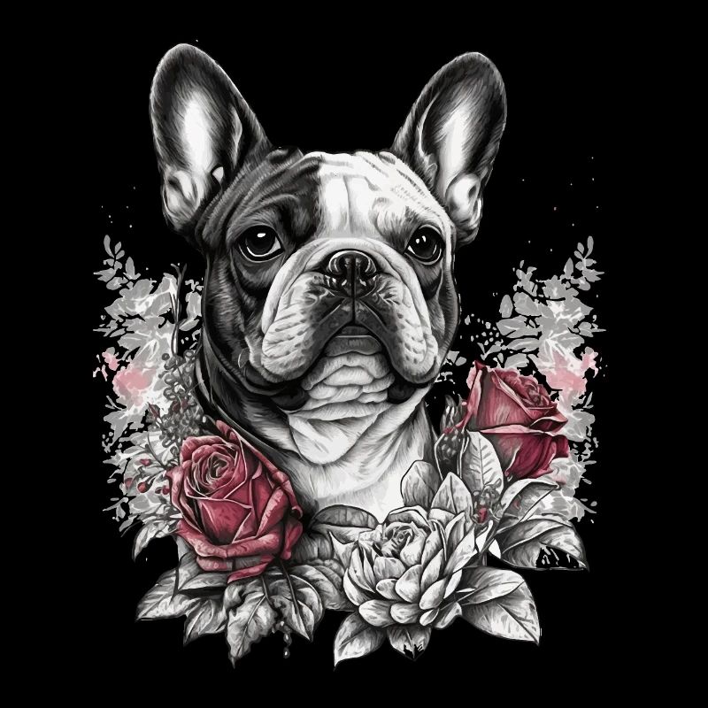 Bouledogue français aux roses rouges