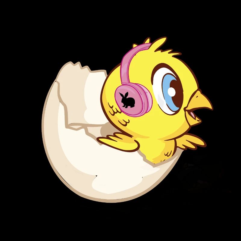 Chick in eggshell with headphones and bunny
