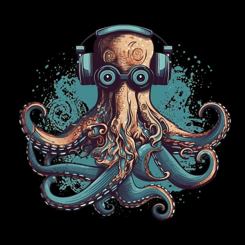 Cooler Nerdy Oktopus mit Brille und Kopfhörern