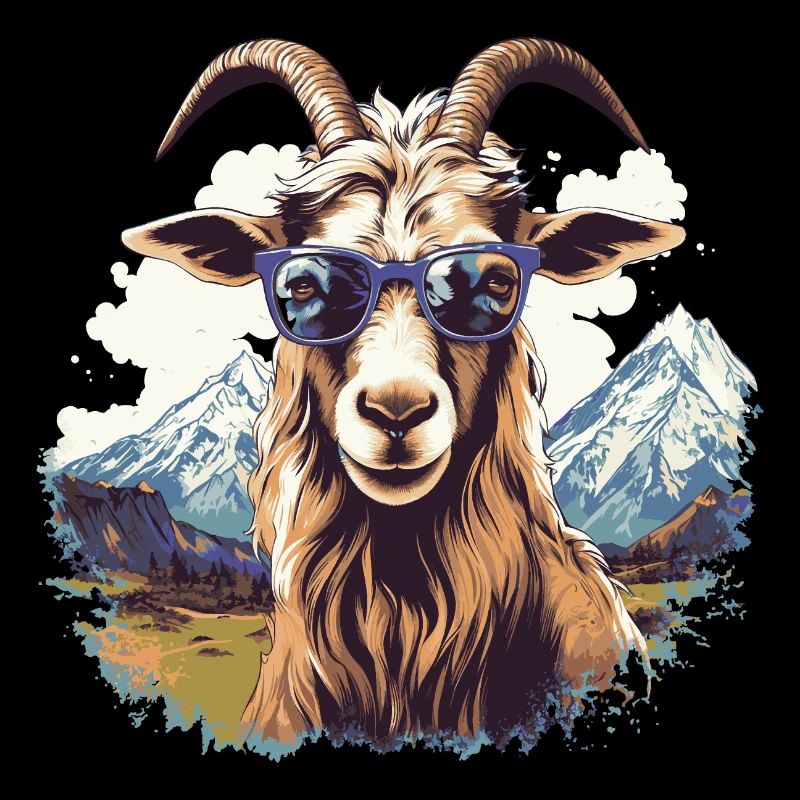 Eine Ziege mit Sonnenbrille in den Bergen