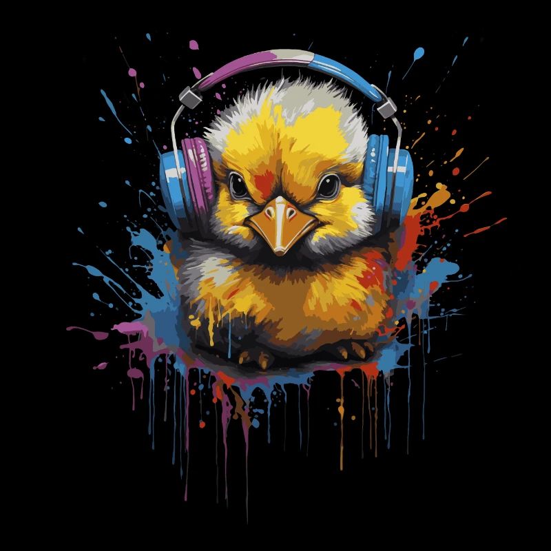 Poussin écoute de la musique avec des écouteurs