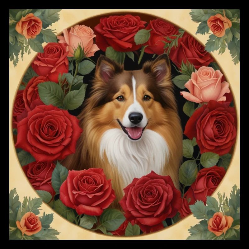 Collie und rote Rosen