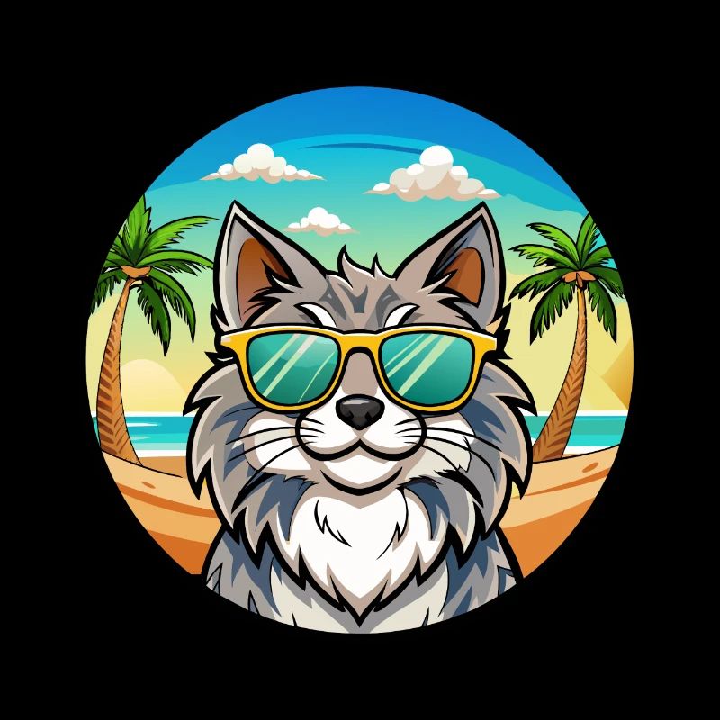 Norwegian Forest Cat Breed Cartoon Sunglass Beach