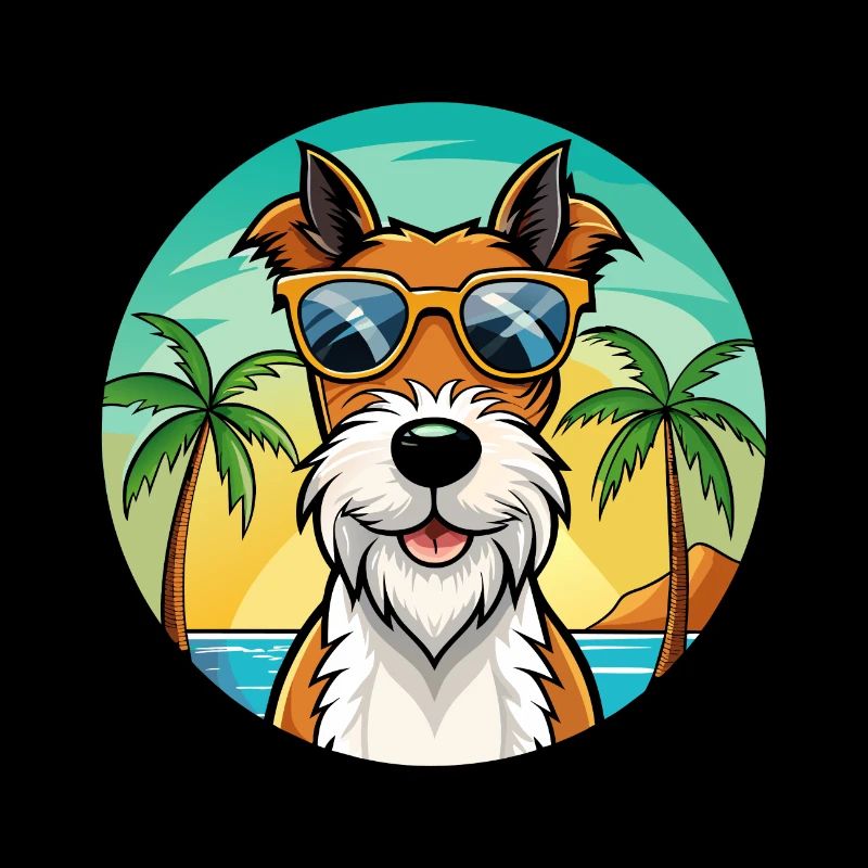 Wire Fox Terrier Dog Breed Cartoon Sunglass Beach