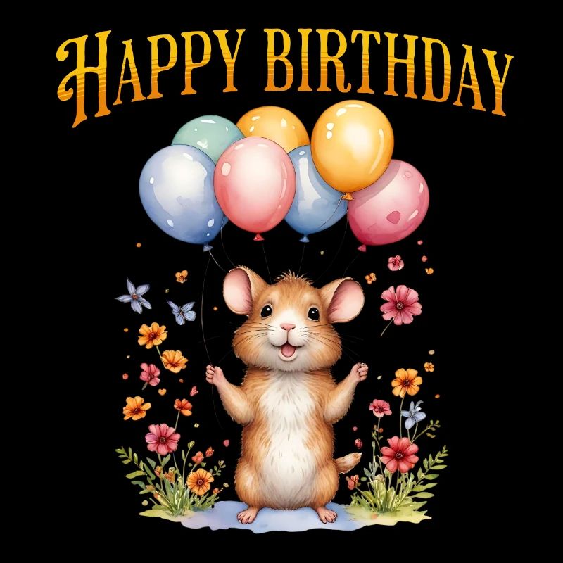 Happy birthday featuring a cute mouse and balloons