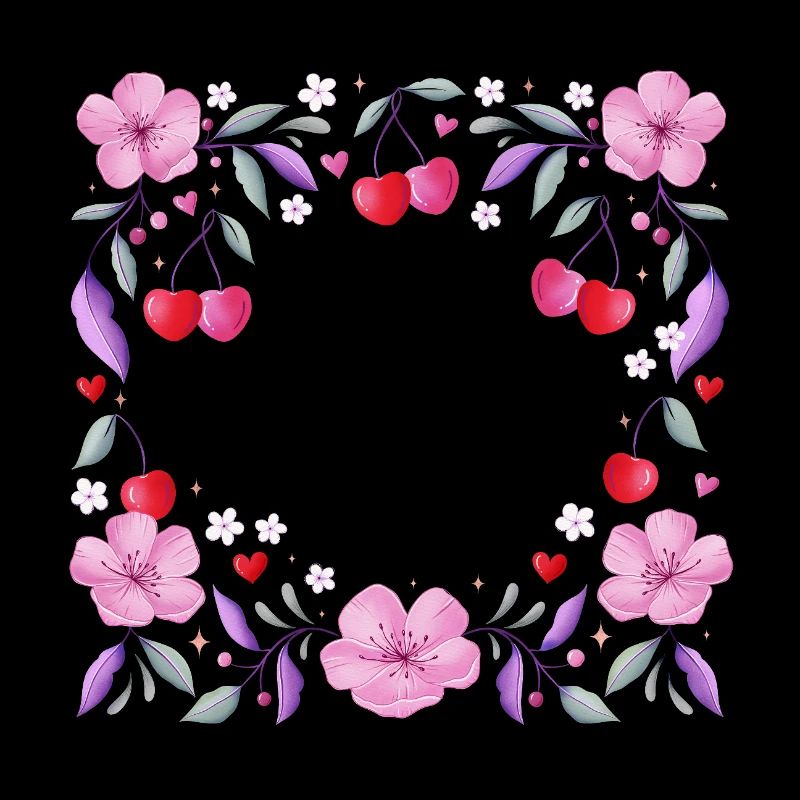 Couronne florale de fleurs de cerisier, cœurs, cerises