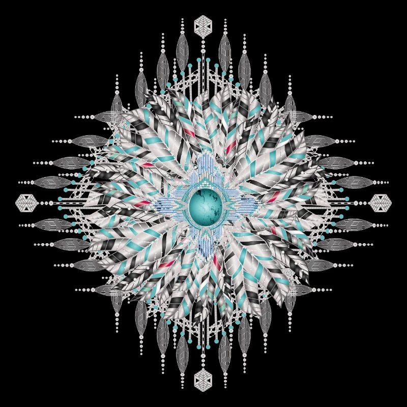 Kunstvolles Ethno-Ornament mit silbernen Federn