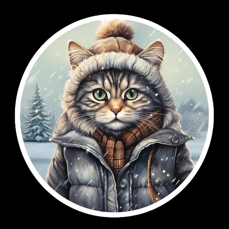 Chat avec chapeau, écharpe et veste dans la neige