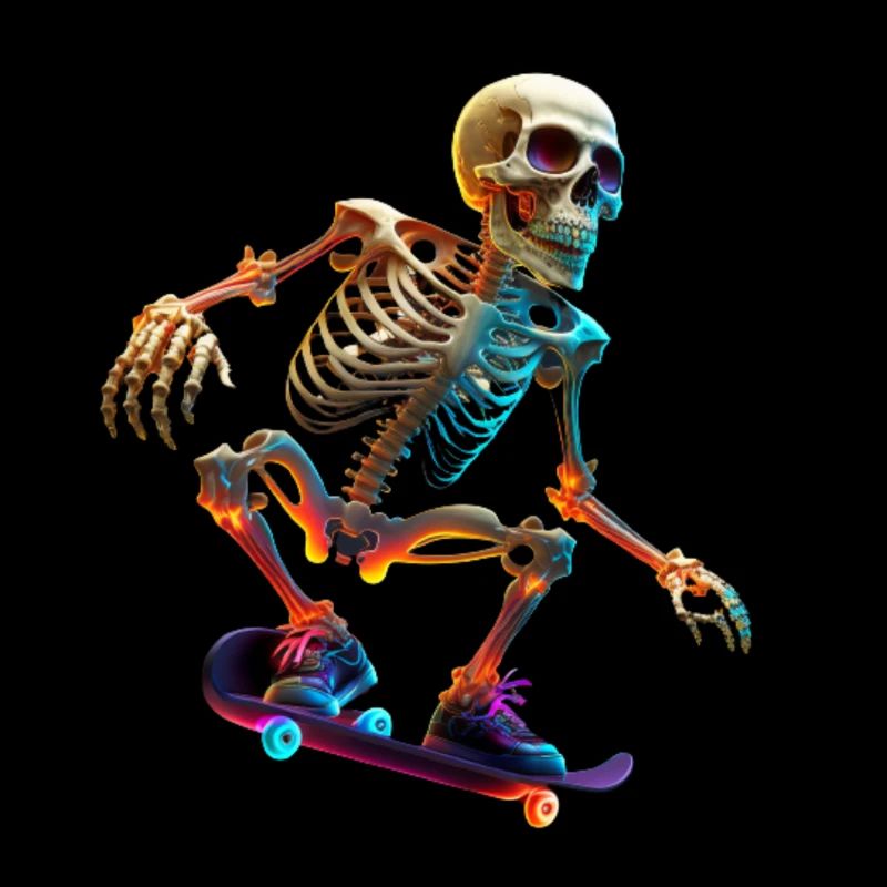 Skeleton riding a skateboard