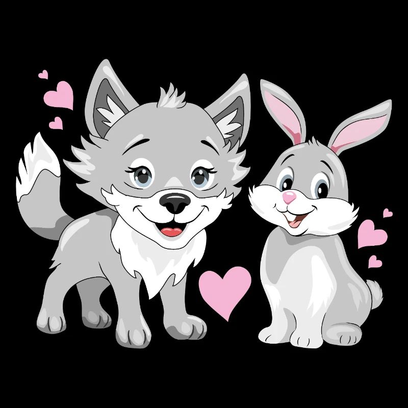 Happy baby wolf and cute smiling rabbit