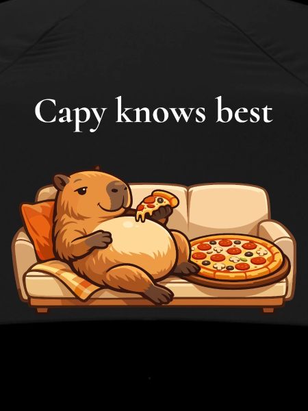 Capybara with pizza on sofa
