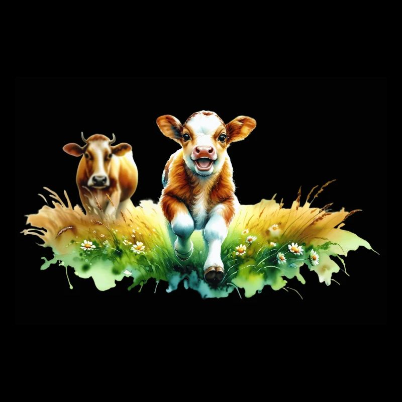 Verspieltes Kalb in der Sommerlandschaft