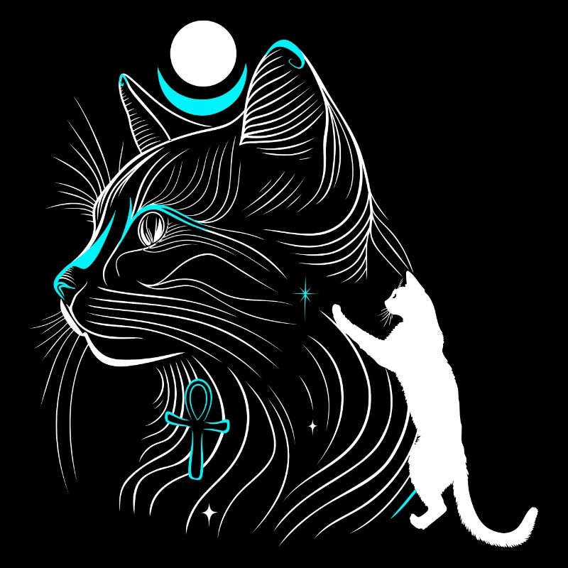 Chat Bastet minimaliste de profil avec lune
