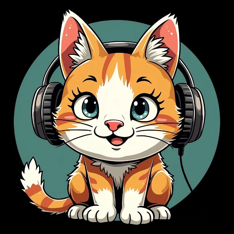 Chat mignon avec des écouteurs - écouter de la musique