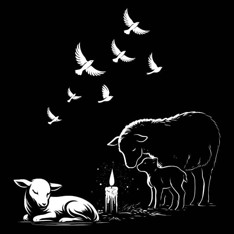 Imbolc Lämmer mit Kerze und fliegenden Tauben