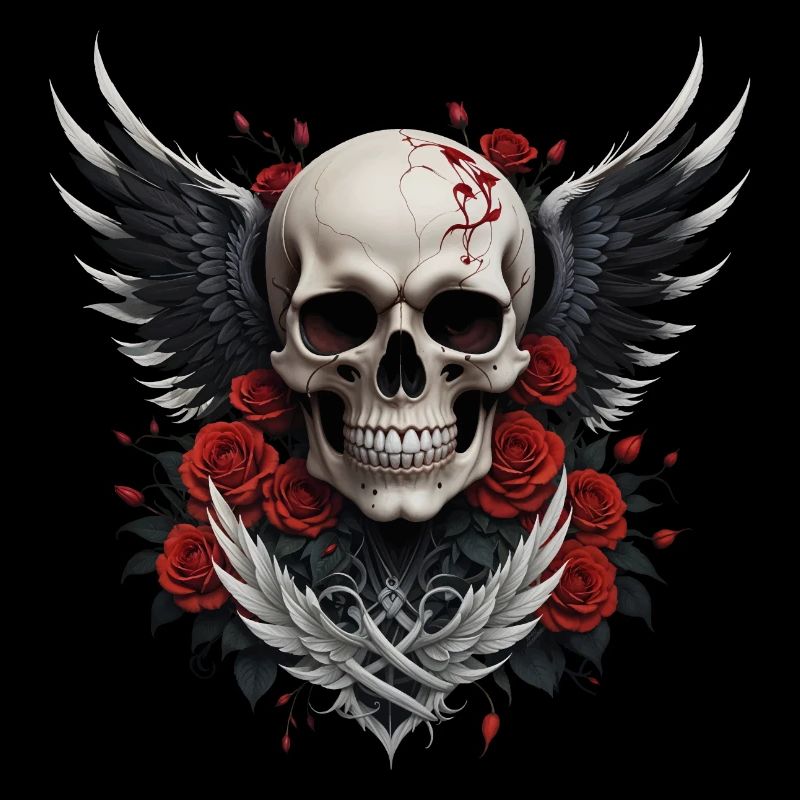Winged skull & red roses, gothic, skull